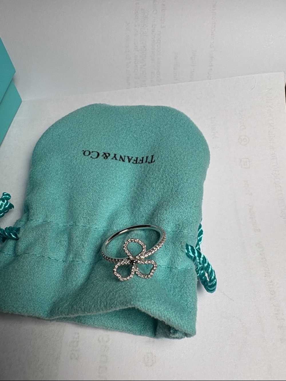 Tiffany & Co. Turquoise Box, Pouch ,Platinum Tiffany Paper Flowers Diamond Ring - Picture 2 of 3